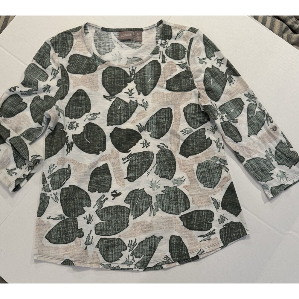 Chico's Size 0 Small 100% Cotton Leaf Print 3/4 Sleeve Top